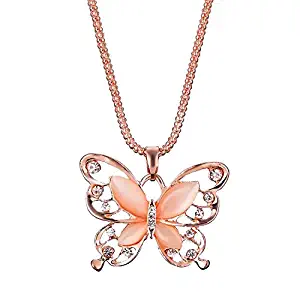 Clearance Sale!DEESEE(TM) Women Lady Rose Gold Opal Butterfly Pendant Necklace Sweater Chain