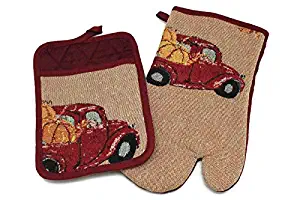 Twisted Anchor Trading Co 2 Pc Fall Pot Holders and Fall Oven Mitts Set - Happy Fall Vintage Truck Design - Great Fall Pot Holder Set - Comes in an Organza Bag So It's Ready for Giving!