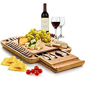 Bamboo Cheese Board with Cutlery Set, Wooden Charcuterie Platter and Serving Meat Board with Slide-Out Drawer with 4 Stainless Steel Knife and Server Set - Great Gift Idea