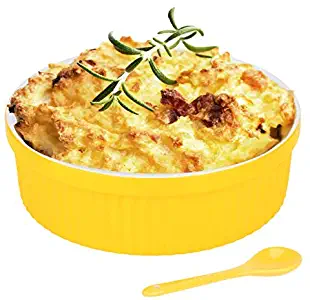 1 Quart Large Souffle Dish – 32 Oz Large Ceramic Round Ramekins for Baking Soufflé Dishes, Bakeware for Pasta, Pot Pie, Deserts, Gratin Dishes, Puff Pastry, Burnt Custard, Mac and Cheese, (YELLOW)