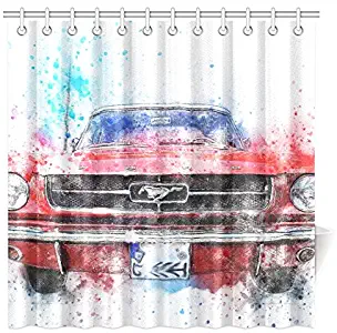 JIUCHUAN Car Old Car Mustang Art Abstract Watercolor Polyester Fabric Shower Curtain Bathroom Sets Home Decor 72 X 72 Inches
