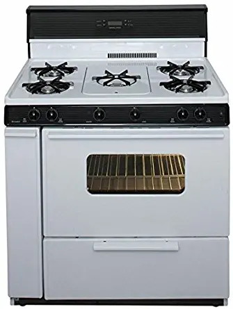 Premier SLK249WP White 36" Three-Way Top Electronic Spark Gas Range with 3.9 Cu. Ft. Capacity Five Cooktop Burners 10" Tempered Black Glass with Clock/Timer and Windowed Oven Doo