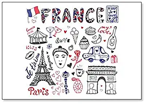 Doodles Set of France - Eiffel Tower, Triumphal Arch and Other Culture Elements Fridge Magnet