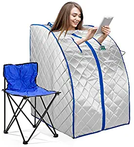 Infrared FAR IR Negative Ion Portable Indoor Personal Spa Sauna by Durherm with Air Ionizer, Heating Foot Pad and Chair, 30 Minutes Timer, Large, Silver