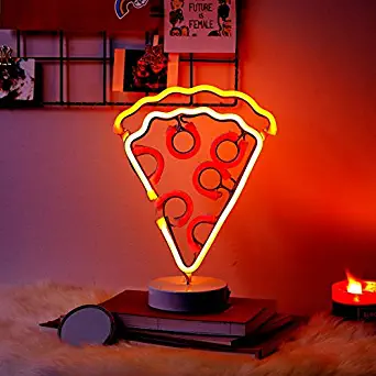 Merkury Innovations 12" Pizza Multi-Color LED Lights Neon Signs Mood Light with Pedestal, Battery Operated Night Light Bedroom Decorations Lamp Home Party Decorations and Home Decor, Multi-Color