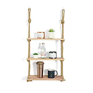 JayDee Decorative Hanging 3 Tier Natural Wood Floating Wall Shelves with Jute Rope-Home Decor Organizer for Any Room!