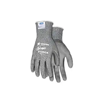 Memphis Small Ninja® Force 13 Gauge Cut Resistant Gray Polyurethane Dipped Palm And Finger Coated Work Gloves With Dyneema® And Fiberglass Liner And Knit Wrist