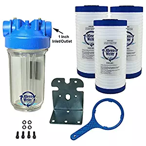 KleenWater Premier Whole House Water Filter System, Transparent Housing, Three Dirt Rust Sediment Cartridges, 1 Inch Inlet/Outlet