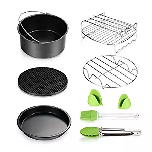 Air Fryer Accessories 8pcs for Gowise Phillips Cozyna Ninja Deep Fryer Accessories Set with Cake Barrel, Pizza Pan, Metal Holder, Skewer Rack, Silicone Mat, Silicone Brush, Food Tong, Oil Brush