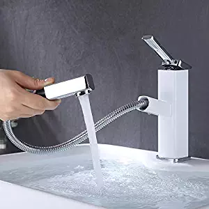 KAIYING Bathroom Sink Faucet with Pull Out Sprayer, Single Handle Kitchen Basin Mixer Tap for Hot and Cold Water, Pull Down Vessel Sink Faucet with Rotating Spout,Brass (Regular, Chrome & White)