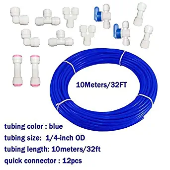 Malida Water purifier quick connector ,RO water 1/4 tubing, RO water filter fittings , 1/4 inch tubing blue 10 meters + quick connect Set Of 10