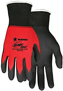 Memphis Gloves 2X Ninja BNF 18 Gauge Black Breathable Nitrile Foam Palm And Fingertip Coated Work Gloves With Red Seamless Knit Nylon And Spandex Liner - 12 Pair