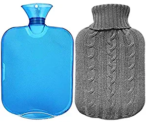 All one tech Transparent Classic Rubber Hot Water Bottle with Knit Cover - Blue