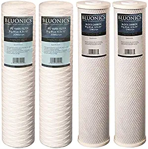 String-wound Yarn Sediment & Carbon Block Replacement Water Filters 4pcs (5 Micron) Big Blue Size 4.5" x 20" Whole House Cartridges for Rust, Iron, Sand, Dirt, Sediment, Chlorine and Odors