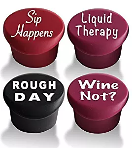 4 Wine Stoppers - Best Wine Gifts Accessories to Label Your Personalized Wine Bottles and Racks. Seal Your Favorite Wine with Reusable Silicone Bottle Cap Art