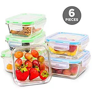 Elacra Glass Meal Prep Containers with Locking Lids [6-Piece] - Leakproof Glass Food Storage Containers for Kitchen Organization and Storage - Microwave, Freezer & Dishwasher Safe Lunch Containers!