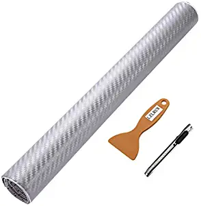 LZLRUN 3D Carbon Fiber Vinyl Wrap - Outdoor Rated for Automotive Use - 12" x 60" Knife + Hand Tool (Silver)