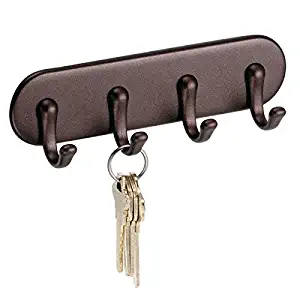 iDesign York Self Adhesive Plastic Key Rack, 4-Hook Organizer for Kitchen, Mudroom, Hallway, Entryway, 1.5" x 7" x 5.5" - Bronze