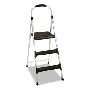 COSCO Aluminum Step Stool, 3-Step, 225Lb, 28 29/64" Working Height, Platinum/Black