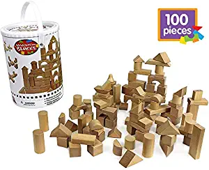 Wooden Blocks - 100 Pc Wood Building Block Set with Carrying Bag and Container (Natural Colored) - 100% Real Wood