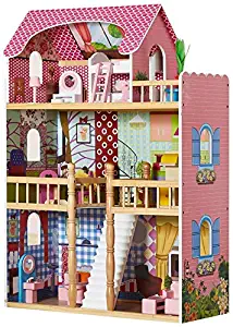 HILIROOM Children Doll House | Kids Wooden Dollhouse | Wood Dolls Houses Girls with 17+ Pieces Mini Furniture Accessories Sets (Solid Wood)