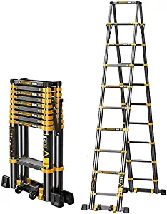 lqgpsx Black Telescoping Ladder A-Frame Aluminum Extension Ladder, Portable Heavy Duty Multi-Purpose Telescopic Ladder with Slip-Proof Feet, Load 330lb (Size : 2.7M+2.7M (9ft+9ft))