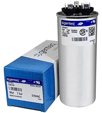 Genteq - 50 + 7.5 uF MFD x 370 VAC GE Industrial Replacement Dual Capacitor Round # C35075R / 97F9971