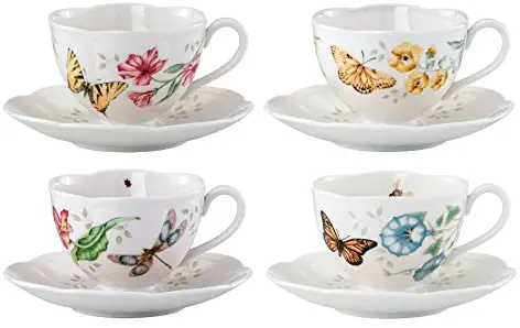 Lenox Butterfly Meadow Porcelain Butterfly and Dragonfly Cup and Saucer Set, Service for 4