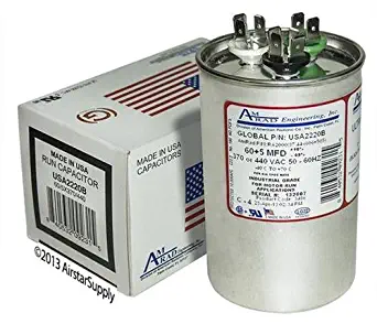 60 + 5 uf/Mfd Round Dual Universal Capacitor Replacement Amrad USA2220B Replacement - Used for 370 or 440 VAC, Made in The U.S.A.