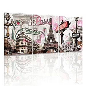 Decor MI Modern Wall Art Pink Paris Eiffel Towel Decor Romantic City Paintings Poster Prints On Canvas Framed for Living Room 12x16 inch 3 Panels