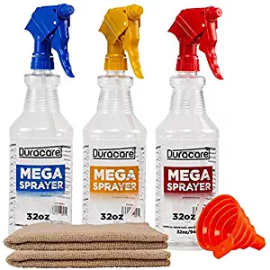 Duracare Spray Bottles for Cleaning Solutions, Industrial Strength, Chemical Resistant and leak Proof 32oz Plastic Spray Bottles (3 Pack) Adjustable Nozzle - 2 Microfiber Cloths & Collapsible Funnel