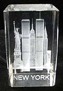 New York Souvenir NYC Skyline 3D Clear Crystal Laser Etched Glass Paperweight with Statue of Liberty Empire State Building World Trade Center Large Size 3"H x 2"W x 2"D