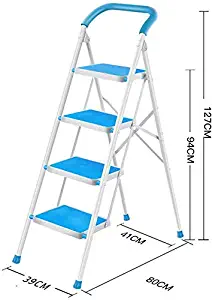 FJX Heavy Duty Steel 4 Step Ladder, Household 4 Tread Folding Ladder, Folding Portable Stepladder with Safety Hand Rail - 150Kg Load Capacity,Blue