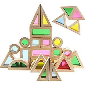 Agirlgle Wood Building Blocks Set for Kids 24 Pcs Rainbow Stacker Stacking Game Construction Building Toys Set Preschool Colorful Learning Educational Toys - Geometry Wooden Blocks for Boys & Girls