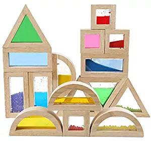 Agirlgle Wooden Large Building Blocks for Toddlers Baby Kids 16 Pcs Geometry Sensory Wood Rainbow Stacking Blocks Construction Toys Set Colorful Preschool Learning Educational Toys for Boys Girls