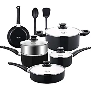 COOKSMARK White Ceramic Nonstick Cookware Set, Aluminum Pots and Pans Set with Steamer Insert and 2 Nylon Cooking Utensils 12 Piece, Black