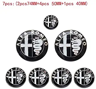 7pcs Alfa Romeo CAR Logo 74mm Hood Trunk 50MM 40MM Wheel Center Cap Emblem Brera 147 156 166 159 GT Spider Giulietta Stelvio (Black)