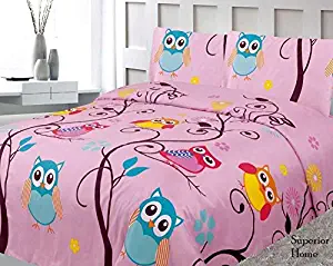 Sapphire Home Three (3) Piece Twin Size Owl Branch Theme Print Sheet Set with Fitted, Flat and 1 Pillow Case, Pink Yellow Turquoise Girls Kids Bedding Sheet Set