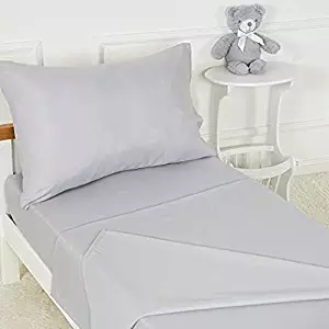 Plain Printed Linen 3-Piece Toddler Sheet Set, 100% Cotton Fitted Sheet, Flat Sheet and Envelope Pillowcase, Toddler Bed Set,Crib Sheets Set,Mini Crib Sheets (Light Grey Solid)