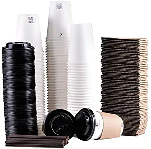 Luckypack Disposable Coffee Cups To Go with Travel Lids Sleeves and Straws 100% Biodegradable & Compostable Pla Eco Friendly Paper Coffee Cups 100 Sets of 12 oz