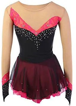 Skating Queen Figure Skating Dress for Girls Women Ice Skating Competition Performance Costume Rhinestone Spandex Lace Handmade Skating Wear Long Sleeves Black Red