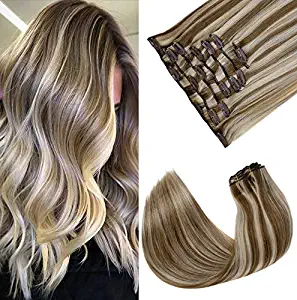 [Coupon for 1 Day]LaaVoo Salon Style Clip in Hair Extensions Super Soft 7pcs/120g Full Head Double Weft Clip ins Remy Human Hair No Dry Clip on Hair Extensions Highlight Brown Mixed Platinum Blonde