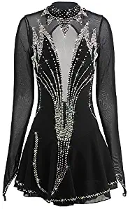 Skating Queen Figure Skating Professional Dress for Girls Women Ice Skating Competition Stage Performance Dance Rhinestone Spandex Handmade All seasons Skating Wear Long Sleeves Black