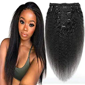 Afro Kinky Straight Clip in Hair Extension 100% Virgin Human Hair Double Weft Hair Extensions 12inch-28inch 8A Grade 8Pieces/ Set Natural Color for Black Women (12INCH/30CM)