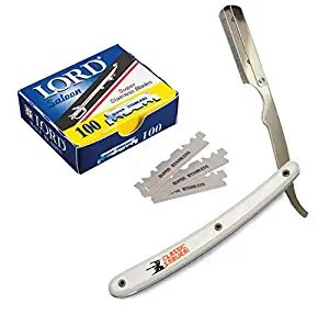 Classic Samurai Stainless Steel Professional Barber Straight Edge Razor with 100 Lord Single Edge Razor Blades (White)