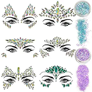 6 Sets Mermaid Face Jewels,Rhinestone Face Gems Glitter Face Stickers Face Jewels festival Stick On with 2 Pack Face Body Glitter