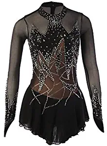 Skating Queen Figure Skating Dress for Women Girls Ice Skating Competition Performance Costume Rhinestone Zipper Spandex Elastic Stretchy Skating Wear Long Sleeves Black, child 16