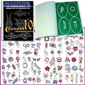 Master Airbrush Brand Airbrush Tattoo Stencils Set Book #10 Reuseable Tattoo Template Set, Book Contains 100 Unique Stencil Designs, All Patterns Come on Vinyl Sheets with a Self Adhesive Backing.