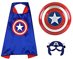 O3 Captain America 12" Shield + Blue Cape Cosplay Set, Cartoon Superhero Dress up Costumes Suit, Plastic Shield + Satin Cape, for Kids Boy Role Play Toy