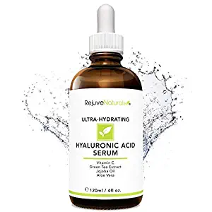 Hyaluronic Acid Serum [LARGE 4-OZ Bottle] Ultra-Hydrating Face Moisturizer. Anti Aging Anti Wrinkle with Vitamin C, E, Jojoba & Aloe. Plumps & Hydrates for Dry Skin & Fine Lines by RejuveNaturals